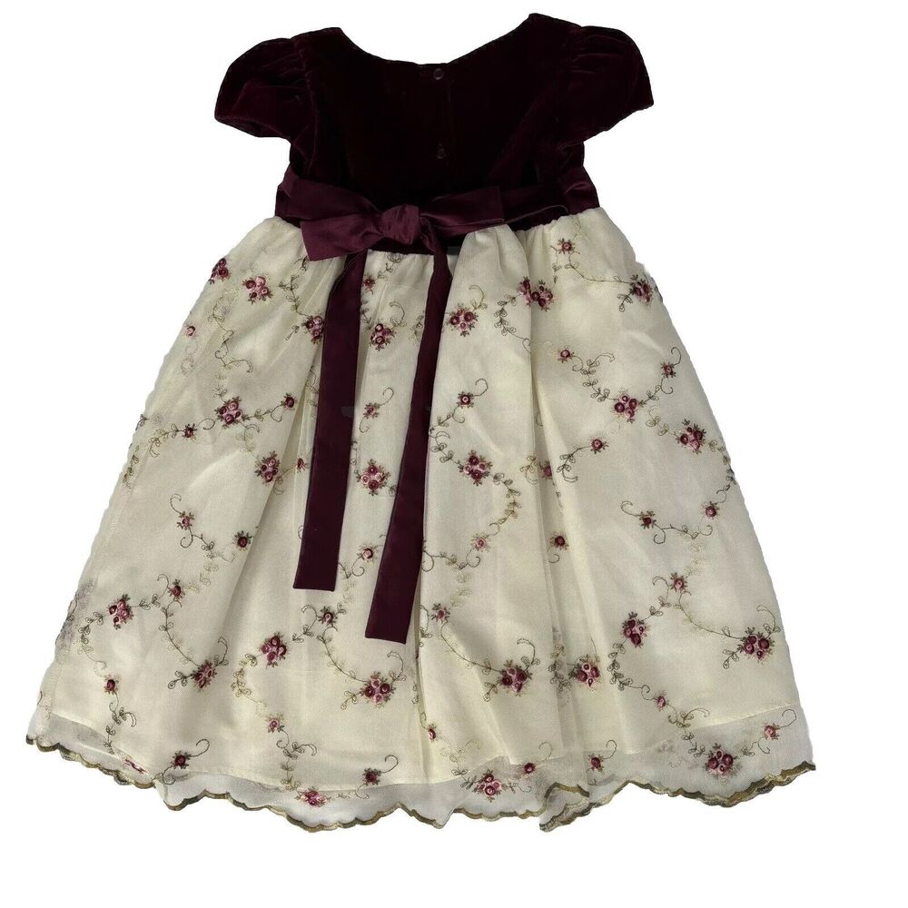 La Princess Short Sleeve Girls Holiday Formal Dress Maroon Cream Floral Size 4T - Picture 2 of 10